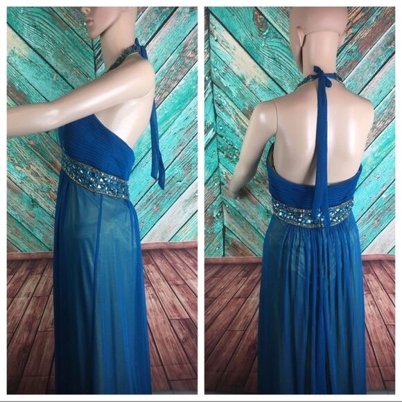 Cache Beaded Evening Gown Turquoise Overlay Maxi Jeweled 2 - Picture 1 of 7